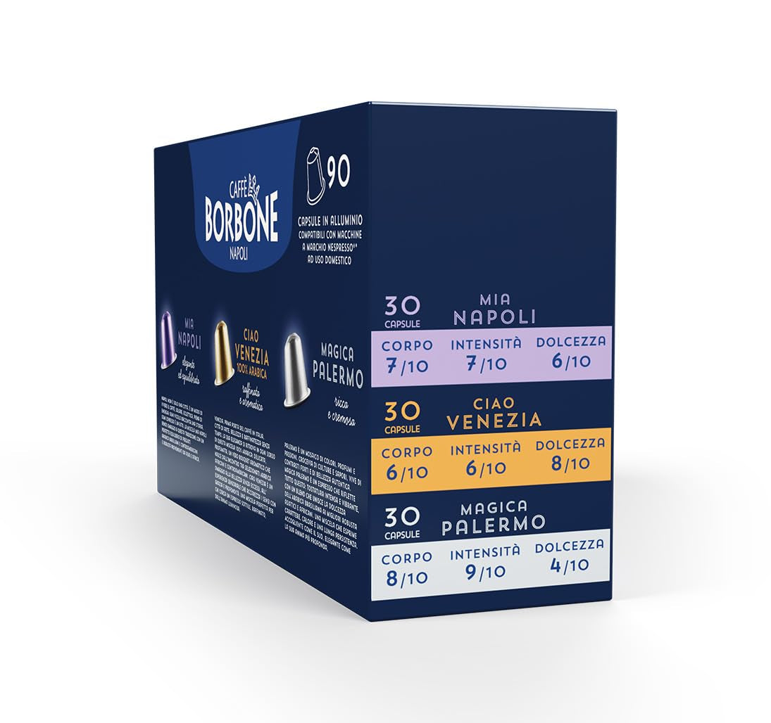 Caffè Borbone Verkostung Kit, 90 Aluminium-Kapseln: 30 Mia Napoli, 30 Ciao Venezia, 30 Magica Palermo, (3 x 30 Stück) – Kompatibel mit Kaffeemaschinen für den Hausgebrauch der Marke Nespresso®*