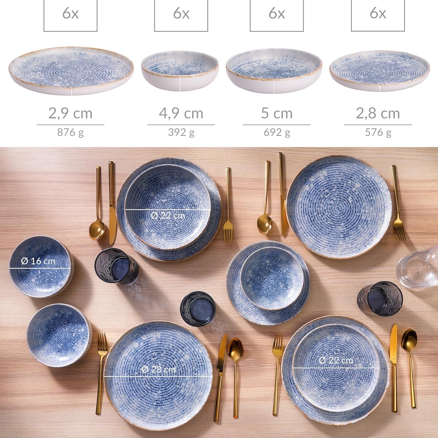 Set de veselă Azure Vintage din gresie pentru 6 persoane - 24 de piese - dungi albe și albastre, suprafață în relief - potrivit pentru mașina de spălat vase, cuptor și cuptor cu microunde