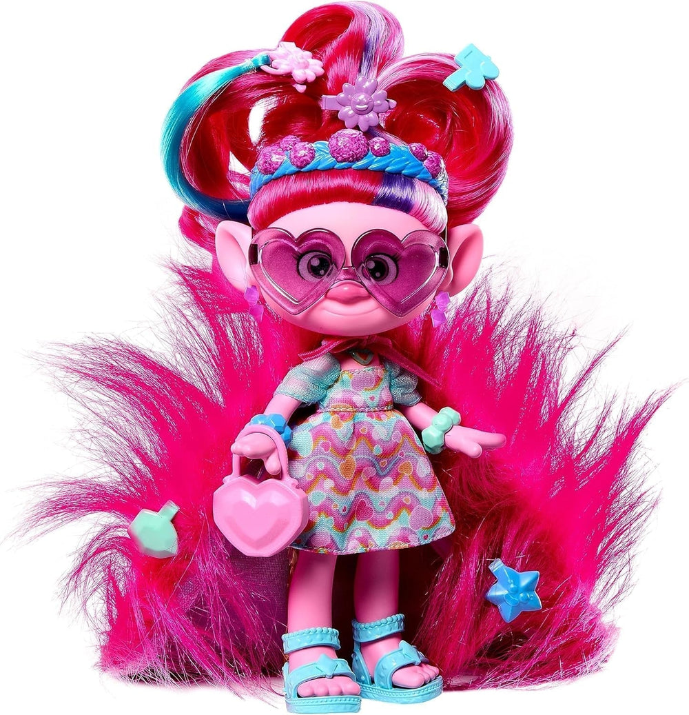 Mattel DREAMWORKS TROLLS Together Strong - păpușă de modă Hair-Tastic Queen Poppy - 15+ accesorii, pieptene cu sclipici, gel cu sclipici lavabil, pentru copii cu vârsta peste 3 ani, HNF25 Papusi Naty Shop Poppy Păr blănos de pluș