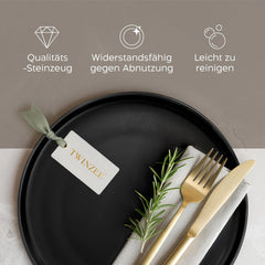 Set de farfurii din gresie pentru 6 persoane - set de 6 piese negru mat, farfurii mari, potrivite pentru cuptorul cu microunde, design elegant - Colecția Twinzee Ebony