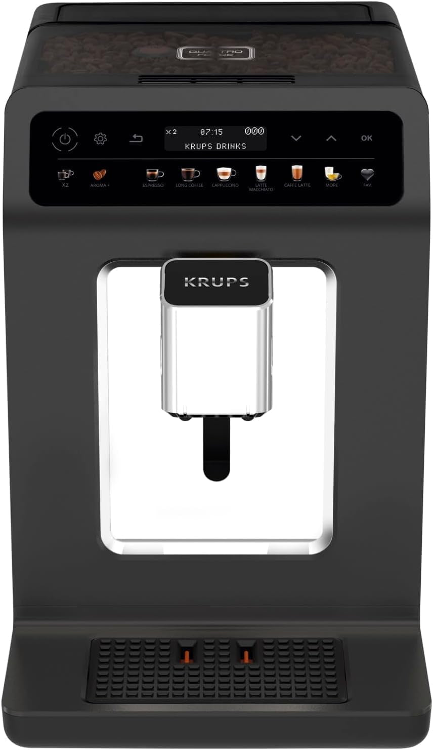 Espressor automat KRUPS Evidence One cu furtun pentru lapte, cappuccino cu o singură atingere, 12 specialități de băuturi, funcție pentru 2 cești, afișaj color, espressor, certificat TÜV, negru, EA895N10