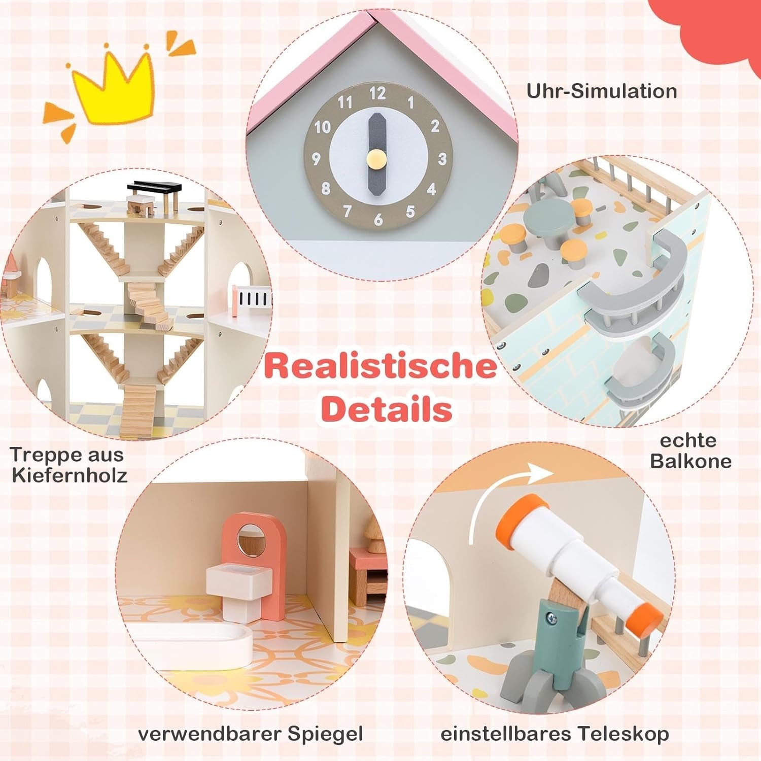 Casă de păpuși din lemn FANTASK, casă de păpuși 94 cm înălțime cu 41 de piese de mobilier și accesorii, vilă de păpuși cu 6 camere, terasă și garaj, cadou pentru fete de la 3 ani Casute de papusi Naty Shop