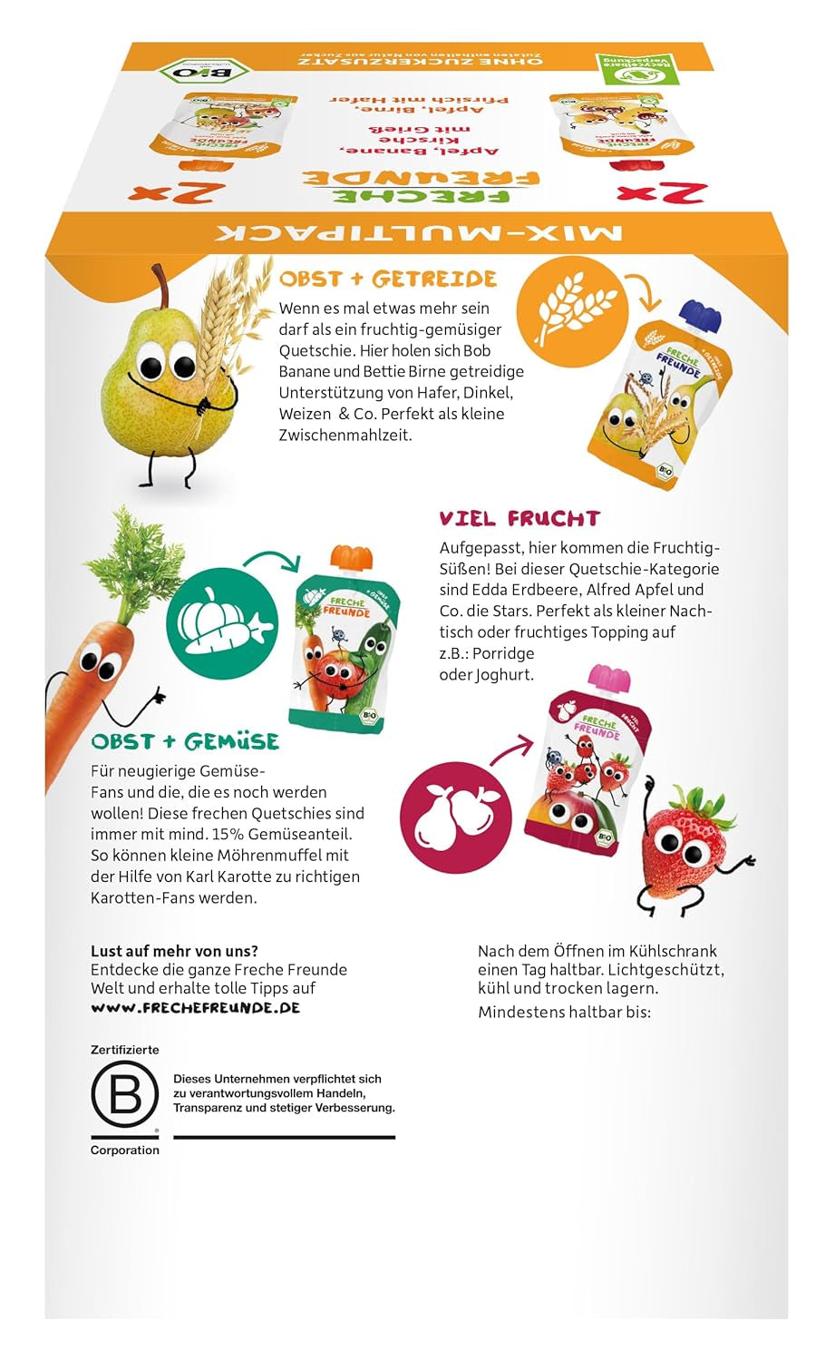 FRECHE FREUNDE Organiczna mieszanka w wielopaku do wyciskania - Owoce + Płatki, Przecier owocowy ze zbożami w wyciskanej torbie dla dzieci od 6 miesiąca, wegańskie, opakowanie 3 szt., 3 x (4 x 100g)