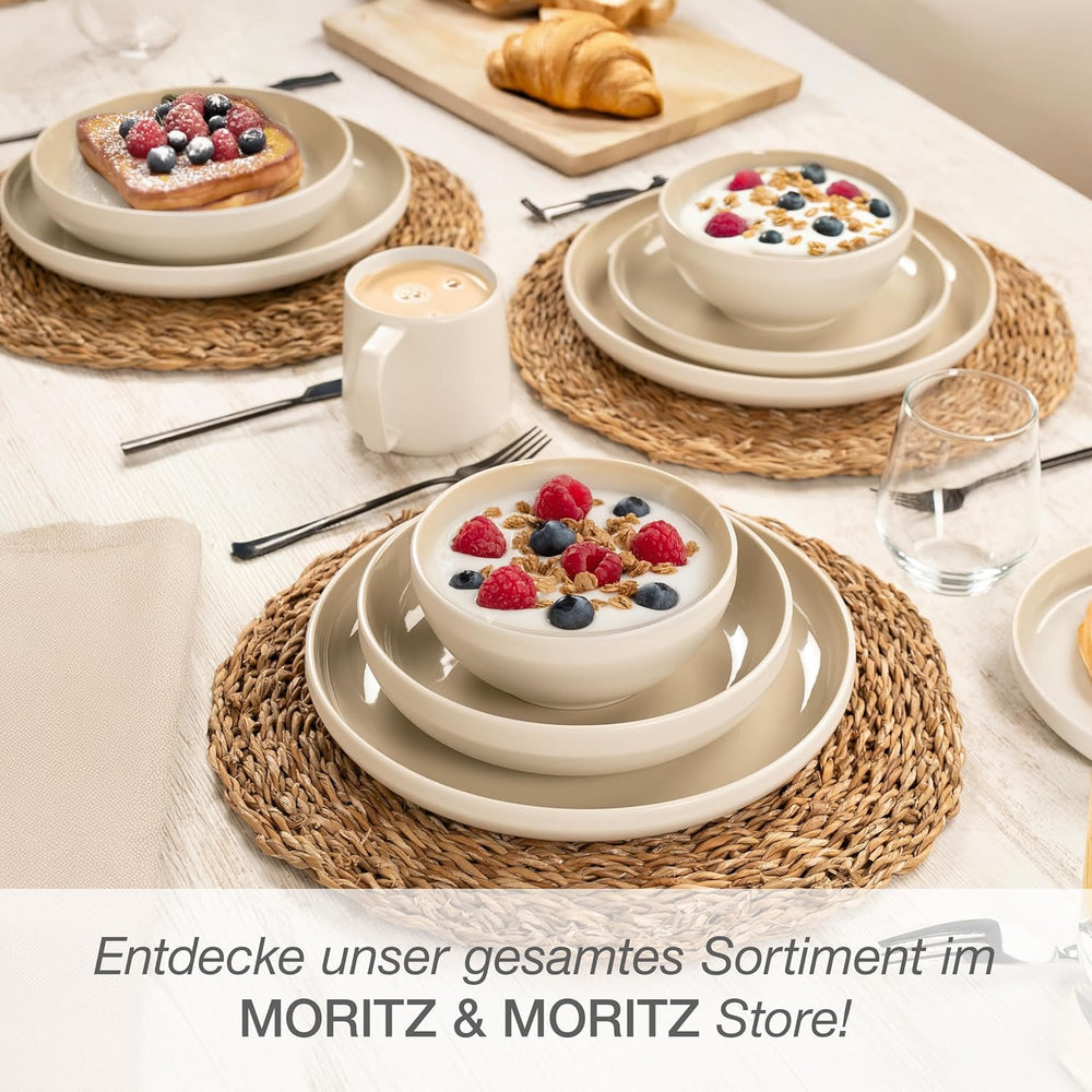 Set de veselă din gresie Moritz & Moritz CAVO pentru 12 persoane, 36 de piese - Serviciu de masă modern în culoarea nisipului - Set combinat ușor de întreținut cu farfurii și boluri - Serviciu de cafea