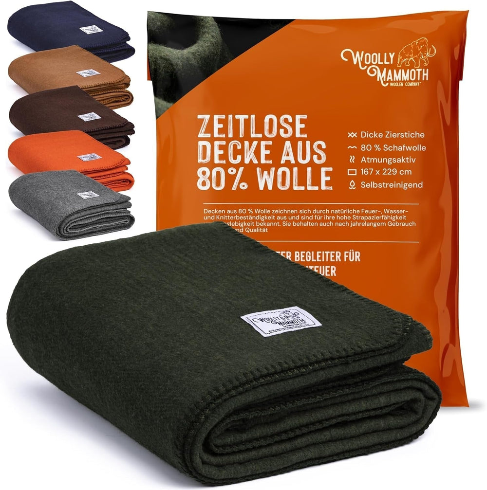 Woolly Mammoth Woolen Co. pătură de camping, extra mare, lână merino, Echipamentul perfect în aer liber pentru bushcraft, camping, trekking, drumeții, supraviețuire sau pătură în cabană. Maro, 168 X 228 Paturi si Cuverturi Woolly Mammoth Woolen Company Verde măsliniu 66" X 90"