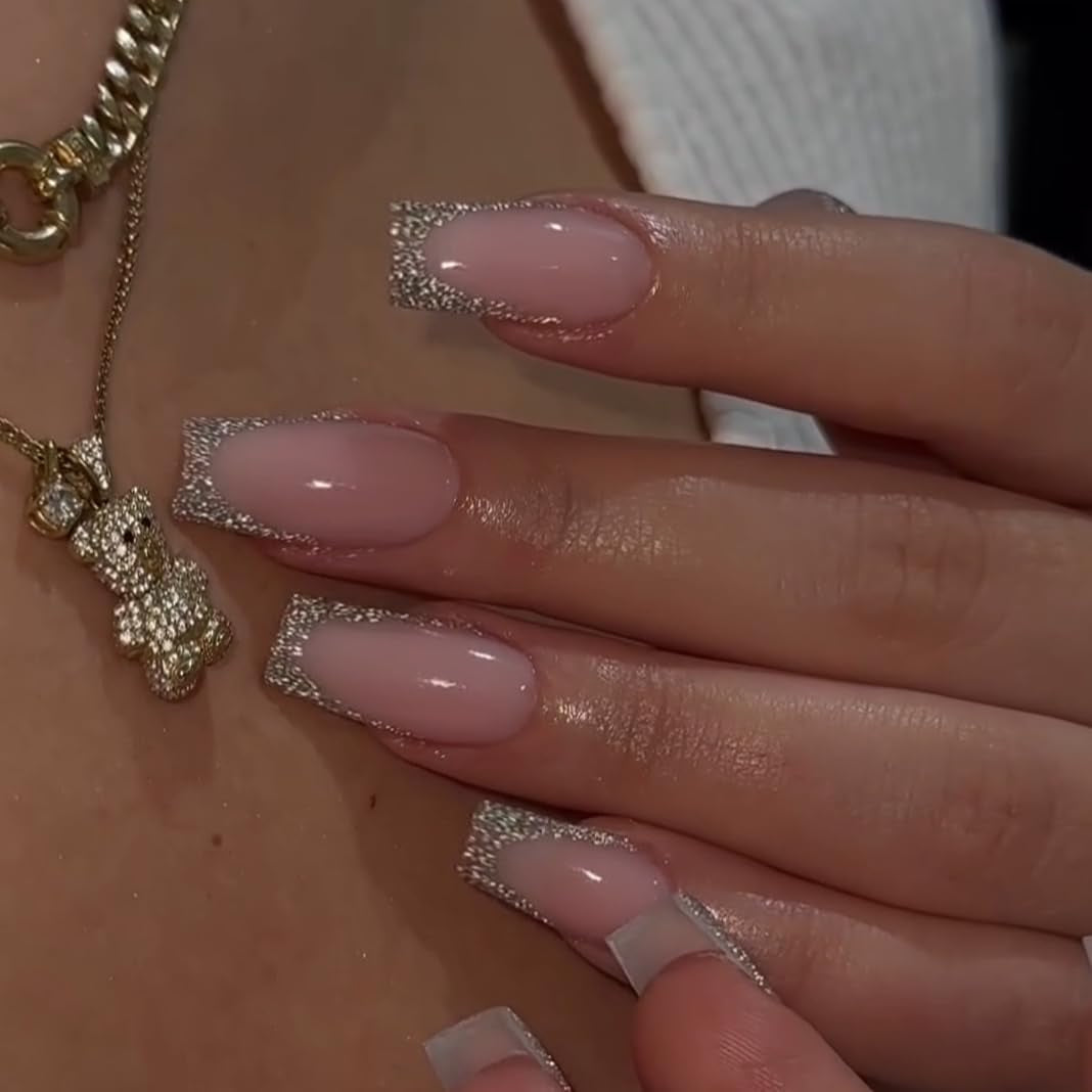 Unghii lungi cu vârf franțuzesc, aurii, cu sclipici, de lipit pe unghii lungi și pătrate, set unghii false cu vârf franțuzesc strălucitor, unghii artificiale pătrate pentru femei, 24 de bucăți