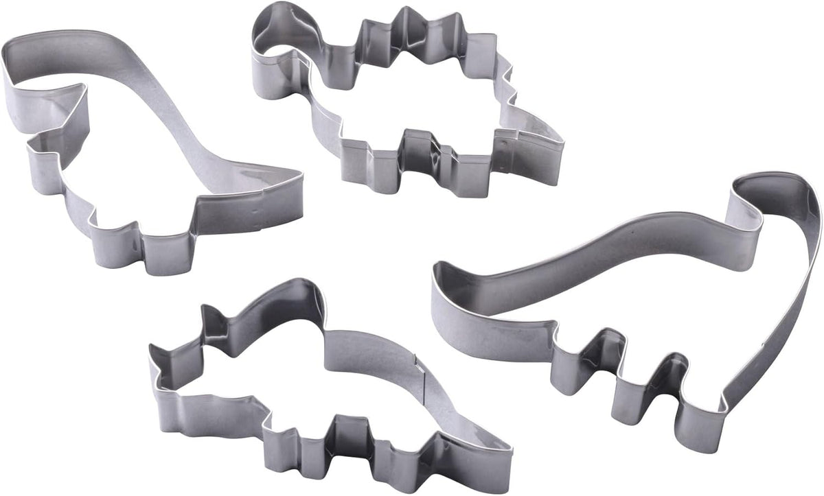 Set de forme de biscuiți Zenker cu dinozauri din oțel inoxidabil, 4 piese – Perfect pentru sesiuni creative de copt cu copiii, lavabil în mașina de spălat vase, design modern cu dinozauri, argintiu