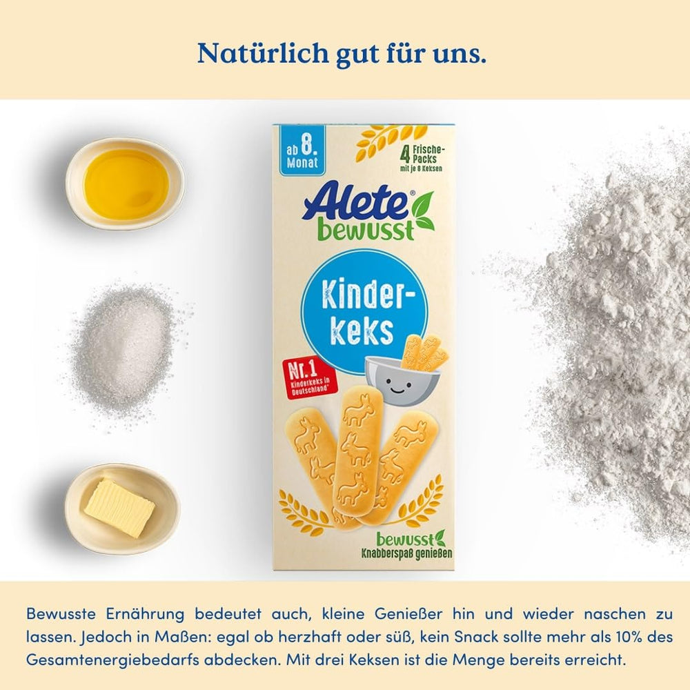 Alete Conscious Baby Biscuits, 8 miesięcy +, Ciasteczka z masłem pszennym dla niemowląt, Wygodnie pakowane małe ciasteczka na przekąskę, Idealne do zabrania w podróż i na czas, 1 x 180 g (2 sztuki w opakowaniu)