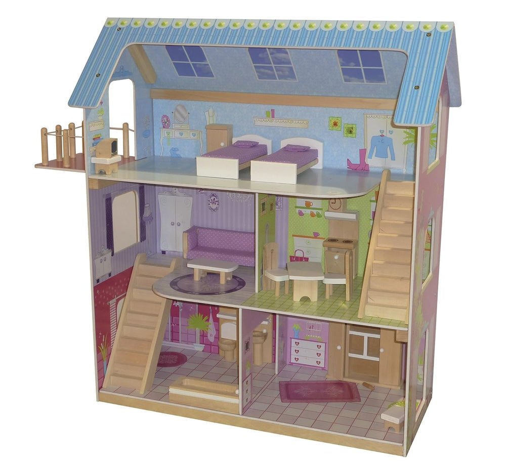 Domek dla lalek Roba Domek dla lalek z meblami i lalkami Zabawki dla dziewczynek Domki dla lalek z naturalnego drewna Naty Shop Pastel