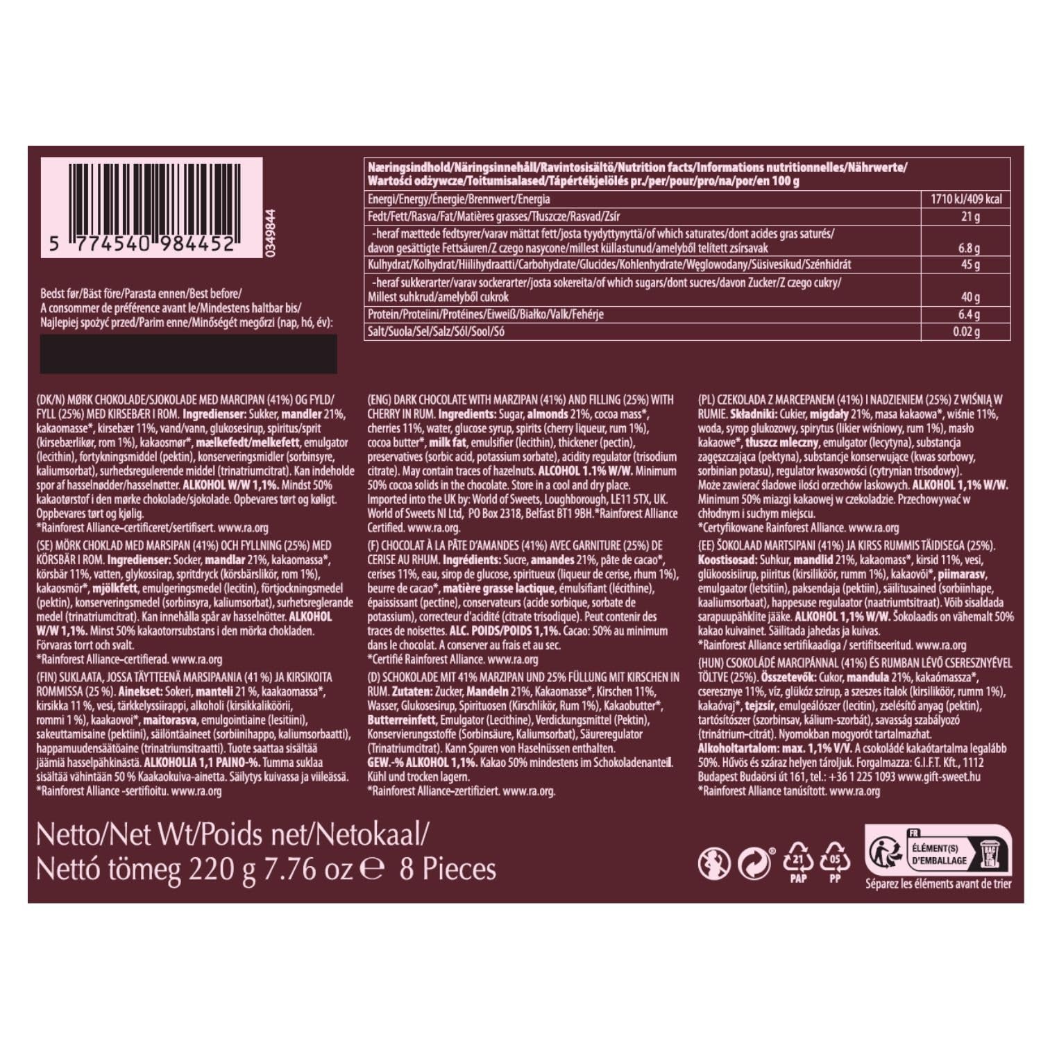 Wiśnie w rumie – 220 g – 8 monet z ciemnej czekolady z galaretką wiśniowo-rumową – Specjalność marcepanowa z owocami i alkoholem – Czekolada z alkoholem – Pomysł na prezent