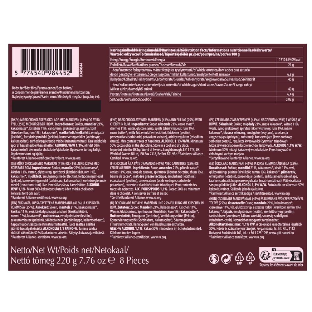 Wiśnie w rumie – 220 g – 8 monet z ciemnej czekolady z galaretką wiśniowo-rumową – Specjalność marcepanowa z owocami i alkoholem – Czekolada z alkoholem – Pomysł na prezent