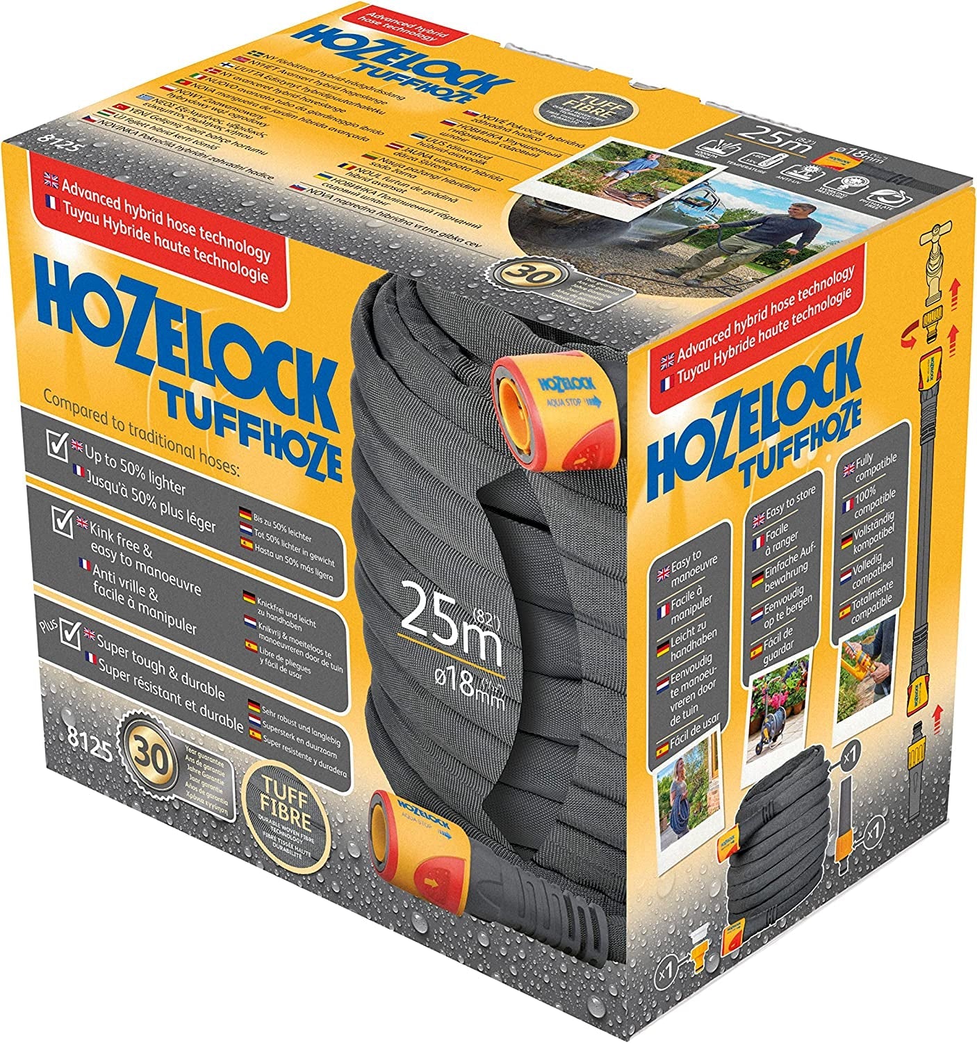 Furtun hibrid HOZELOCK - Tuffhoze 25 m: furtun extrem de flexibil cu tehnologie de țesătură Tuff Fiber, compatibil cu mașinile de spălat cu presiune (40 bar), furtun durabil și foarte ușor [8125A1240]