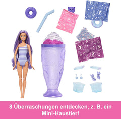 Set Barbie Pop Reveal Series cu păpușă la modă și accesorii, serie de dulciuri, design Donut Dreams cu animal de companie, 8 surprize, inclusiv schimbarea culorii, JFY60