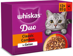 WHISKAS Duo Pliculețe pentru Porții de Hrană Umedă, Pachet Multiplu, Combinație Clasică în Jeleu, 12 x 85g