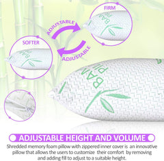 King Size 2 Pack Bamboo Pillow - Pernă de pat pentru dormit, reglabilă cu spumă de memorie mărunțită - spate, burtă, dormitor lateral, capac detașabil, răcire Hotel Down Alternative, King (2 bucăți) Perne standard Naty Shop