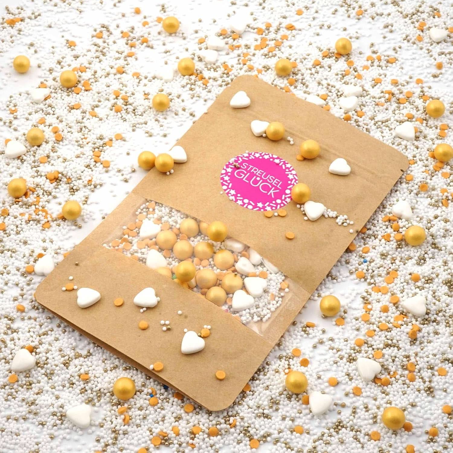 Streusel Glück, Posypka z białymi sercami i złotymi kuleczkami, 40 gramów Posypka Naty Shop