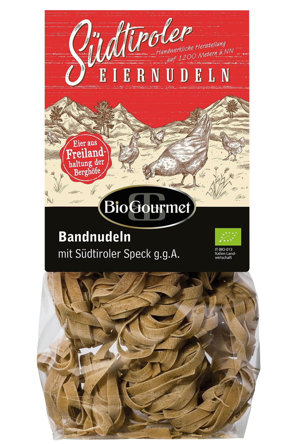 Makaron wstążkowy BioGourmet z Schüttelbrot z Południowego Tyrolu (ChOG) | Solony i aromatyzowany makaron jajeczny z prawdziwą drobinką z Południowego Tyrolu | 1 x 250 g Bio