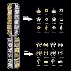 Set de 4 cutii pentru brelocuri pentru unghii - 48 de tipuri de brelocuri 3D aurii și argintii pentru unghii (fluturi, flori, perle etc.) + pensetă și stilou - pentru unghii cu gel și acrilice DIY | Ideal pentru salon de unghii și acasă