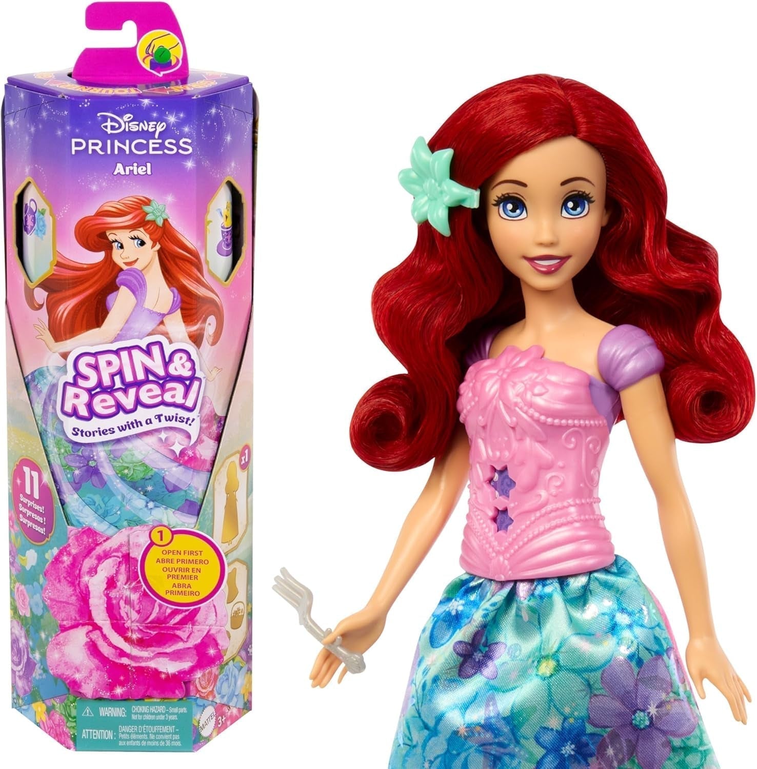 Mattel Disney The Ice Queen Elsa Fashion Doll Set, Spin & Reveal cu 11 surprize, inclusiv 5 accesorii, 5 autocolante și o scenă pentru joacă, inspirat de filmul Disney, HTG25 Papusi Naty Shop Set de păpuși Arielle fashion