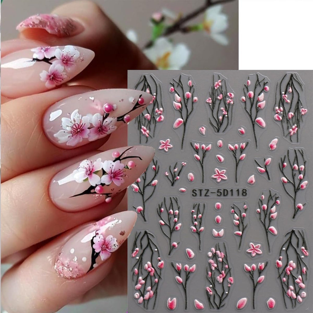 JMEOWIO 3D Nagelsticker Blume Nail Art Sticker Selbstklebend Nagelaufkleber 5D Stereoskopisch Frühling Sommer Floral Dekoration Nageldesign Zubehör 4 Blatt