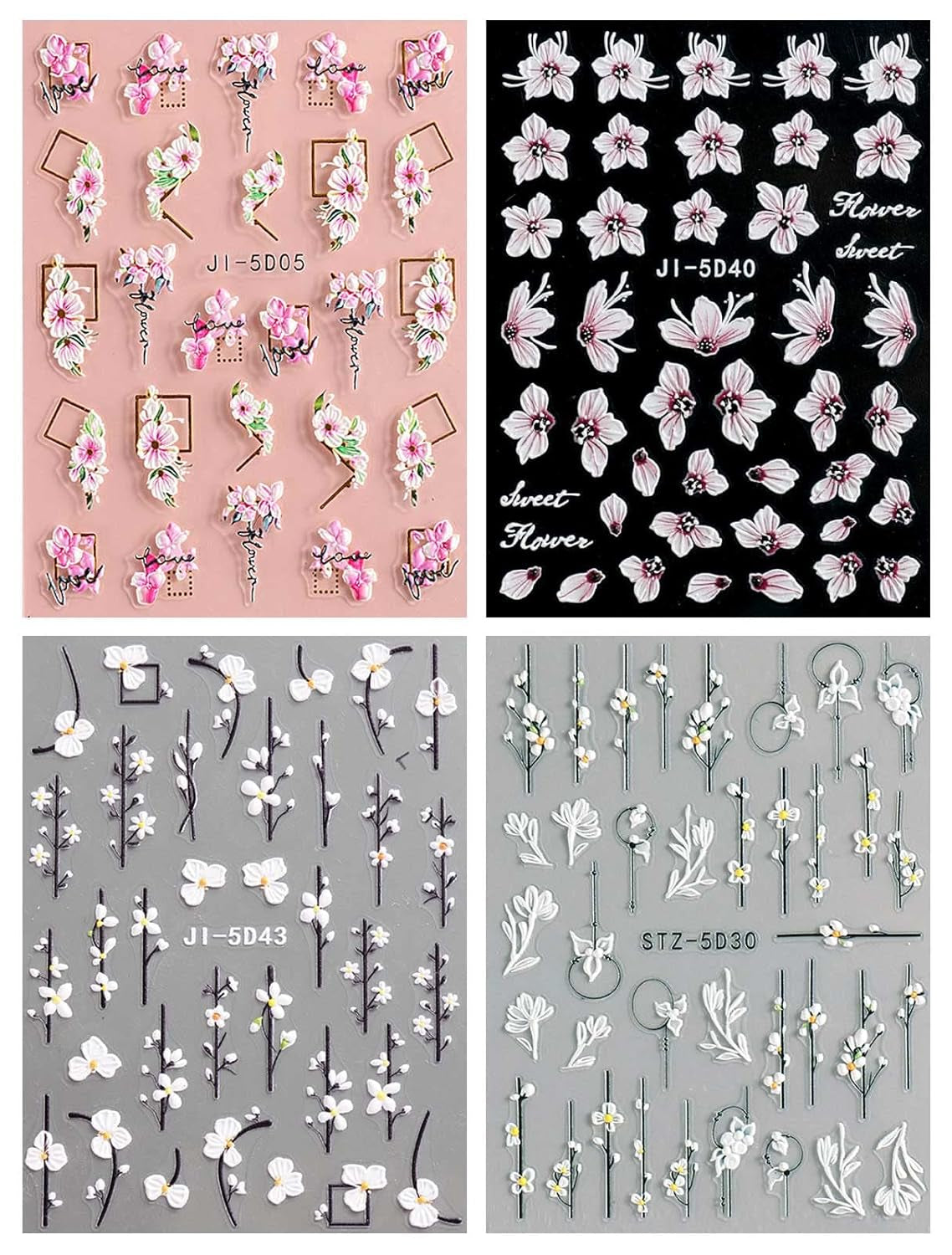 JMEOWIO 3D Nagelsticker Frühling Blume Nail Art Sticker Selbstklebend Nagelaufkleber 5D Stereoskopisch Buntes Sommer Blumen Dekoration Nageldesign Zubehör 4 Blatt