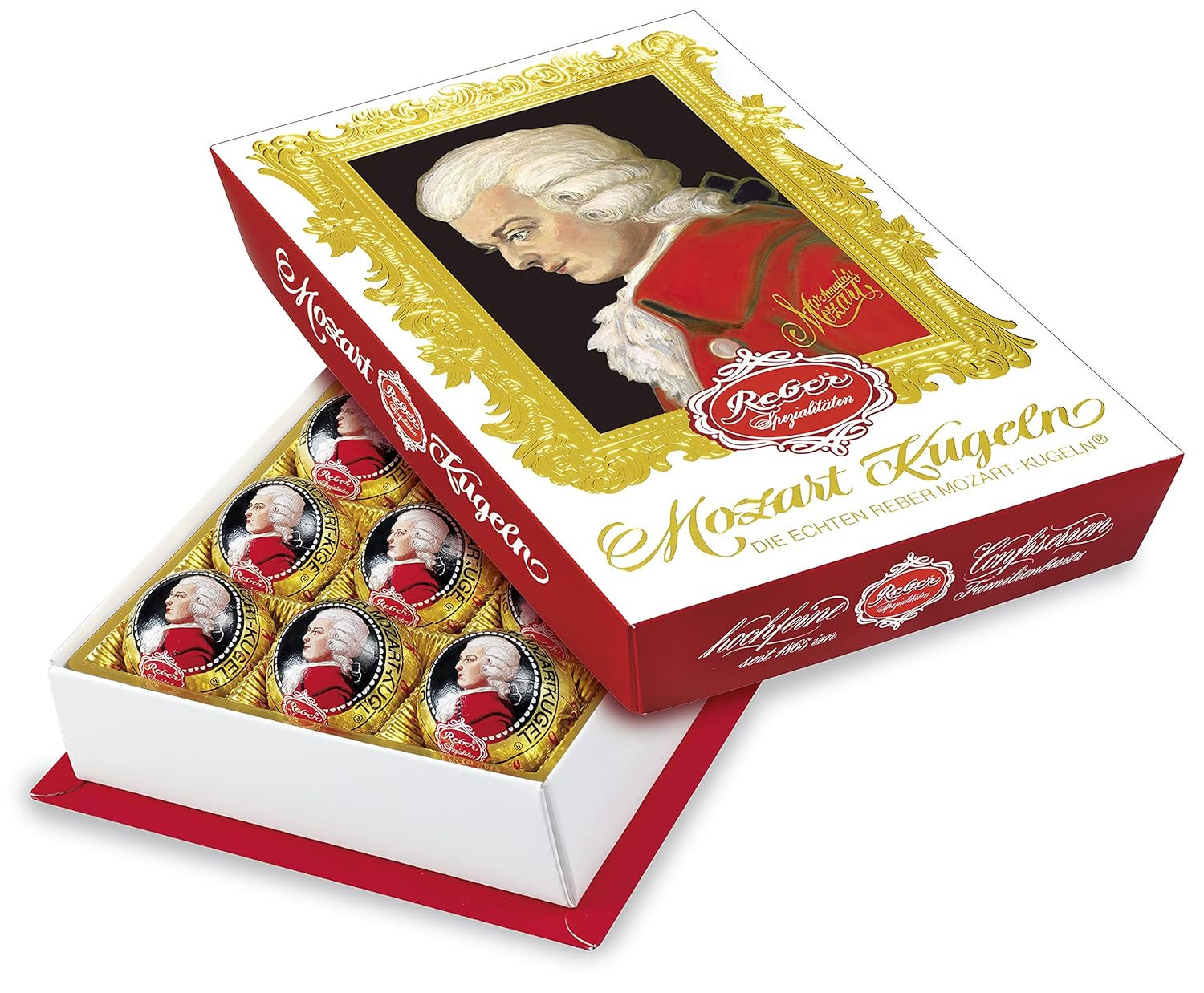 Kulki Reber Mozart z gorzką czekoladą, opakowanie 6 szt. z marcepanem i nugatem, wegańskie - 1 x 120 g
