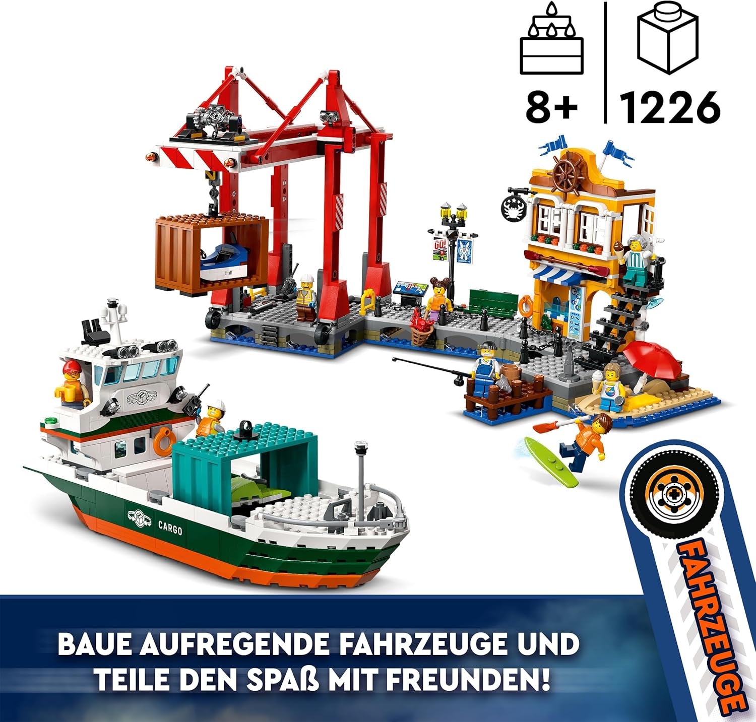 LEGO City port ze statkiem towarowym, zabawka do budowania dla chłopców i dziewcząt od 8 lat, pomysł na prezent dla dzieci, dźwig kontenerowy, zabawkowy statek i 8 minifigurek 60422 Zestawy do budowania Besuche den LEGO-Store