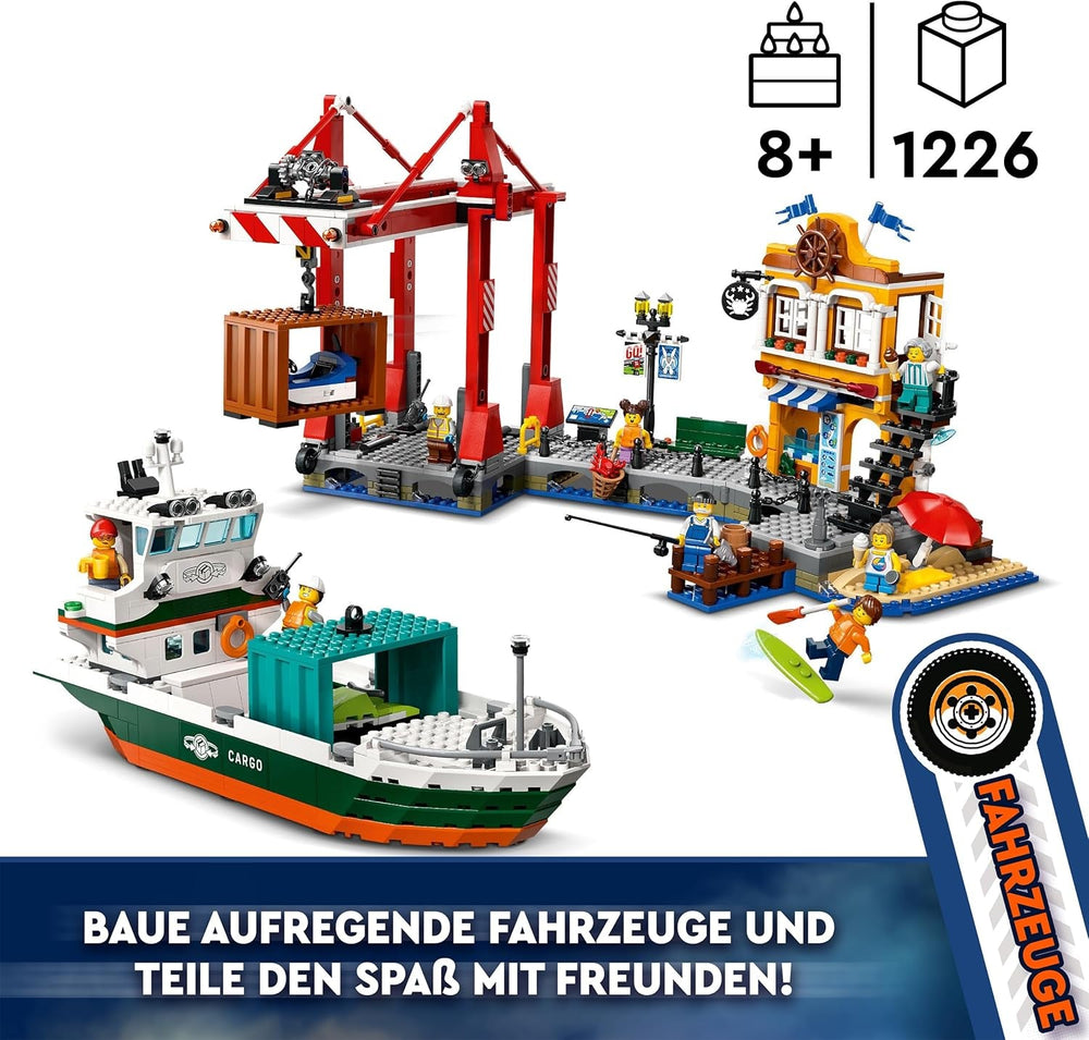 LEGO City port ze statkiem towarowym, zabawka do budowania dla chłopców i dziewcząt od 8 lat, pomysł na prezent dla dzieci, dźwig kontenerowy, zabawkowy statek i 8 minifigurek 60422 Zestawy do budowania Besuche den LEGO-Store