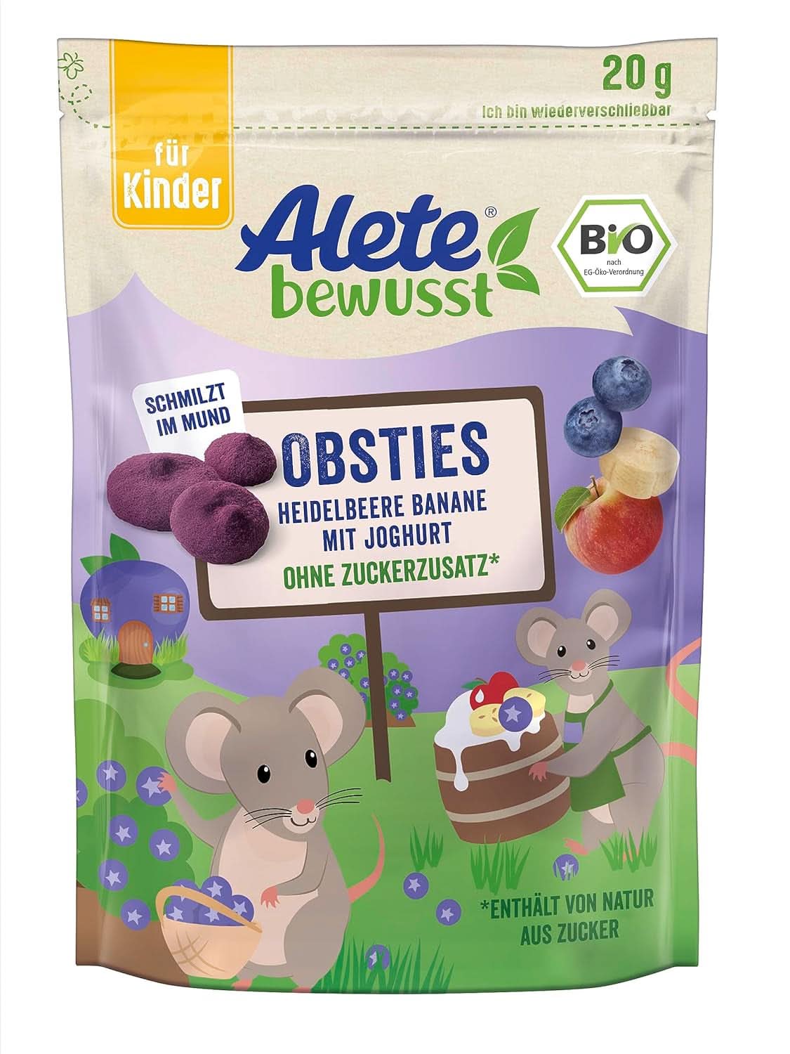 Alete Bewusst Obsties, Jagoda i Banan z Jogurtem, Od 3 roku życia, organiczne liofilizowane chipsy owocowe, 20 gramów Matka i Dziecko Naty Shop