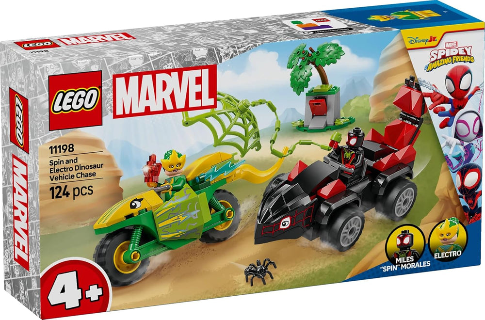 Zabawa LEGO Marvel ze spinem i prądem w dinozaurach Speedsters, samochód superbohatera do zbudowania dla chłopców i dziewcząt od 4 lat, zestaw bohaterów z autko, Spiderman i jego super przyjaciele 11198 Zestawy do budowania Szukaj w sklepie LEGO