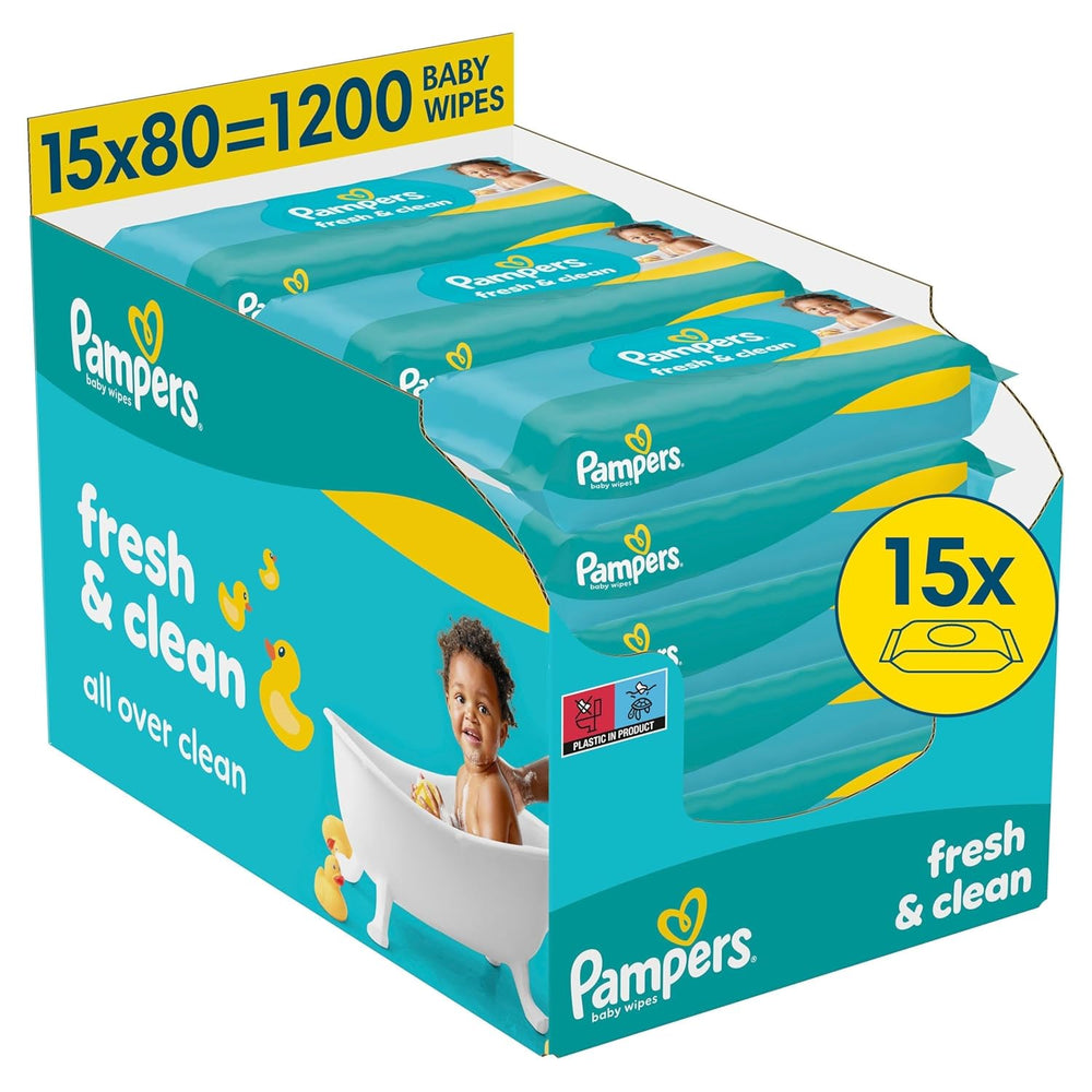 Chusteczki nawilżane Pampers Fresh Clean, 15 opakowań po 80 chusteczek, łącznie 1200 chusteczek, lekki zapach, odpowiednie również do rąk i twarzy