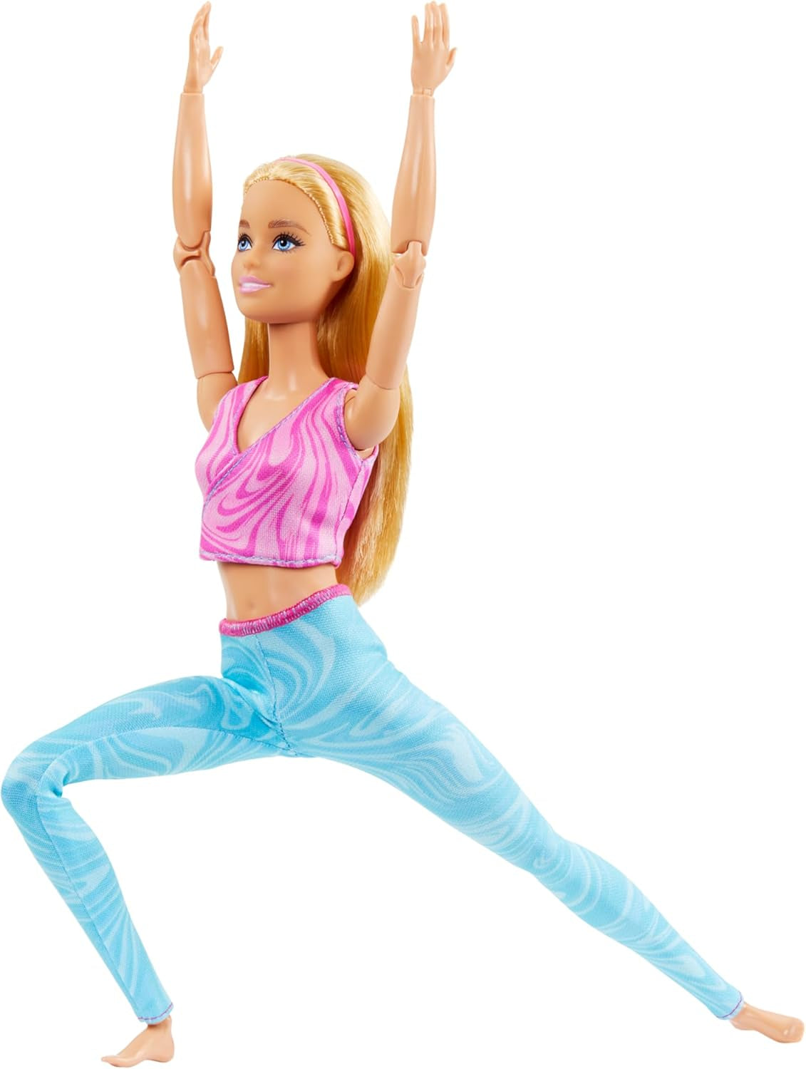 Păpușă Barbie Made-to-Move cu păr blond, bluză sport roz detașabilă și pantaloni de yoga albaștri, 22 de articulații”, HRH27, [Multicoloră]