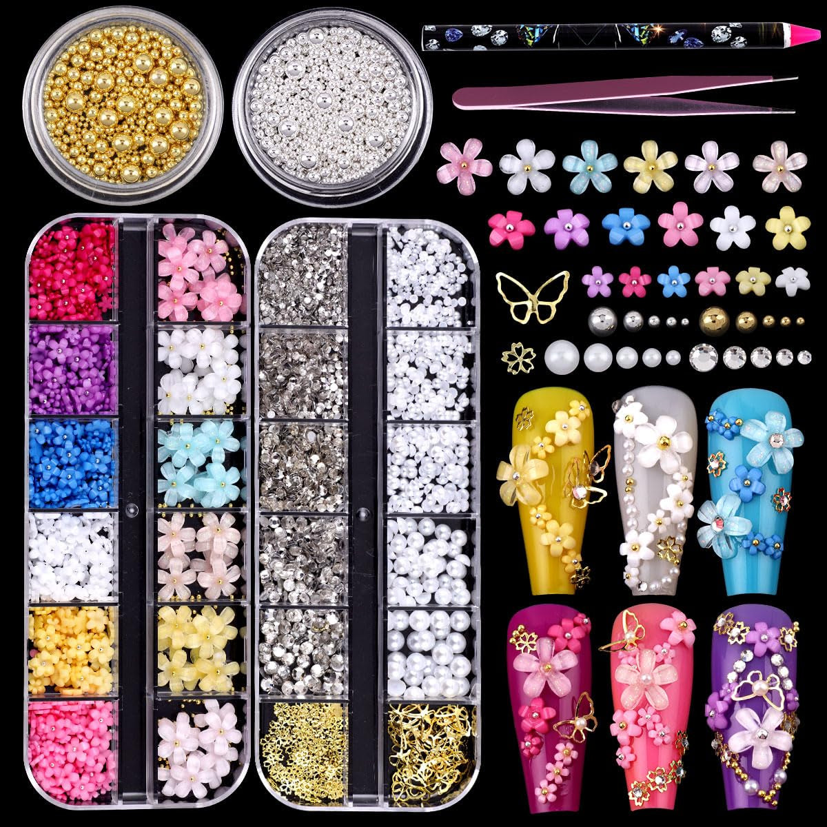 GZMAYUEN 920Pcs Gold Silber Flatback Perlen Für Nägel, Halbrunde Weiße Beige Nail Perlen, Kleine Halbrunde Flatback Perlen Für DIY Nail Art Decor
