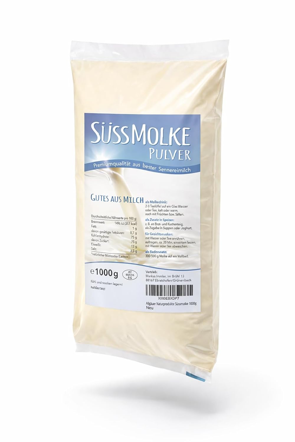 Allgauer Naturprodukte Słodka serwatka w proszku 1000 g - Wszechstronny do napojów