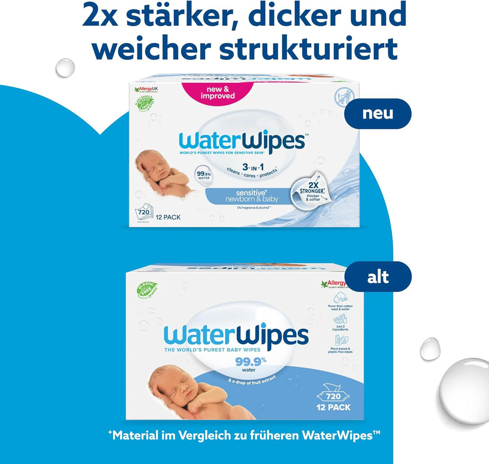 WaterWipes Sensitive+ Chusteczki nawilżane dla noworodków i dzieci, 720 sztuk (12 szt.), 3 w 1 czyszczenie, pielęgnacja, ochrona, 99,9% wody, bezzapachowy