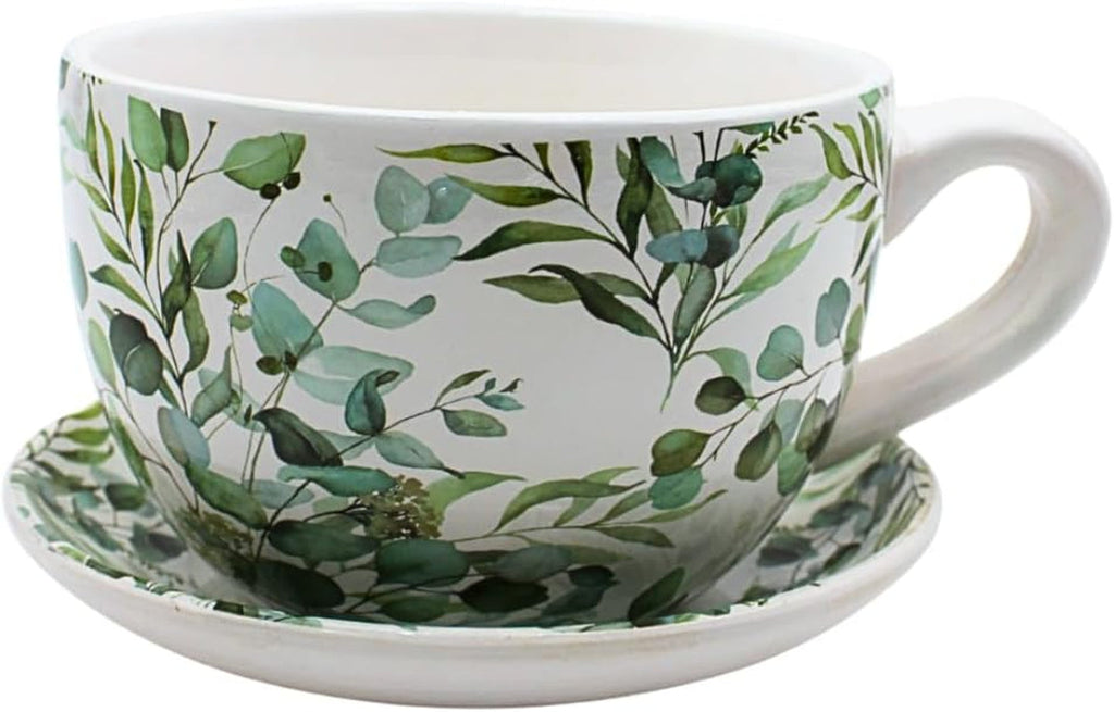 Ghiveci de flori Dekohelden24, jardinieră, ghiveci pentru plante, recipient pentru plante, ghiveci de flori. Ghiveci ceramic în formă de cupă cu mâner, design: lavandă, L/l/Î 25 x 23 x 14 cm.