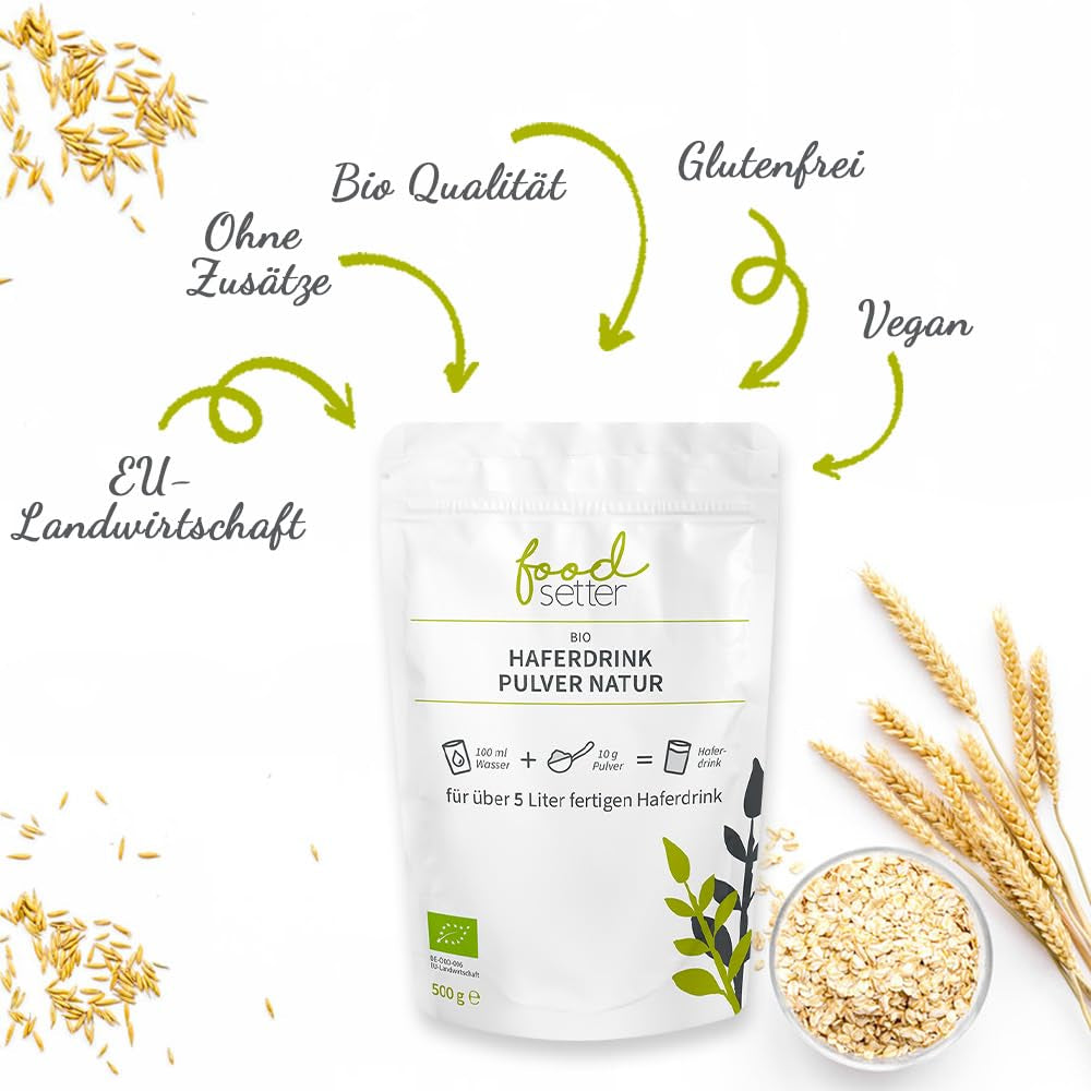 foodsetter Bio Haferdrink Pulver | Torba 500g | Haferpulver | Natychmiastowy Haferpulver | Jakość biologiczna | wegańskie | Bezglutenowe | Ohne Zuckerzusatz | 0,5 kg