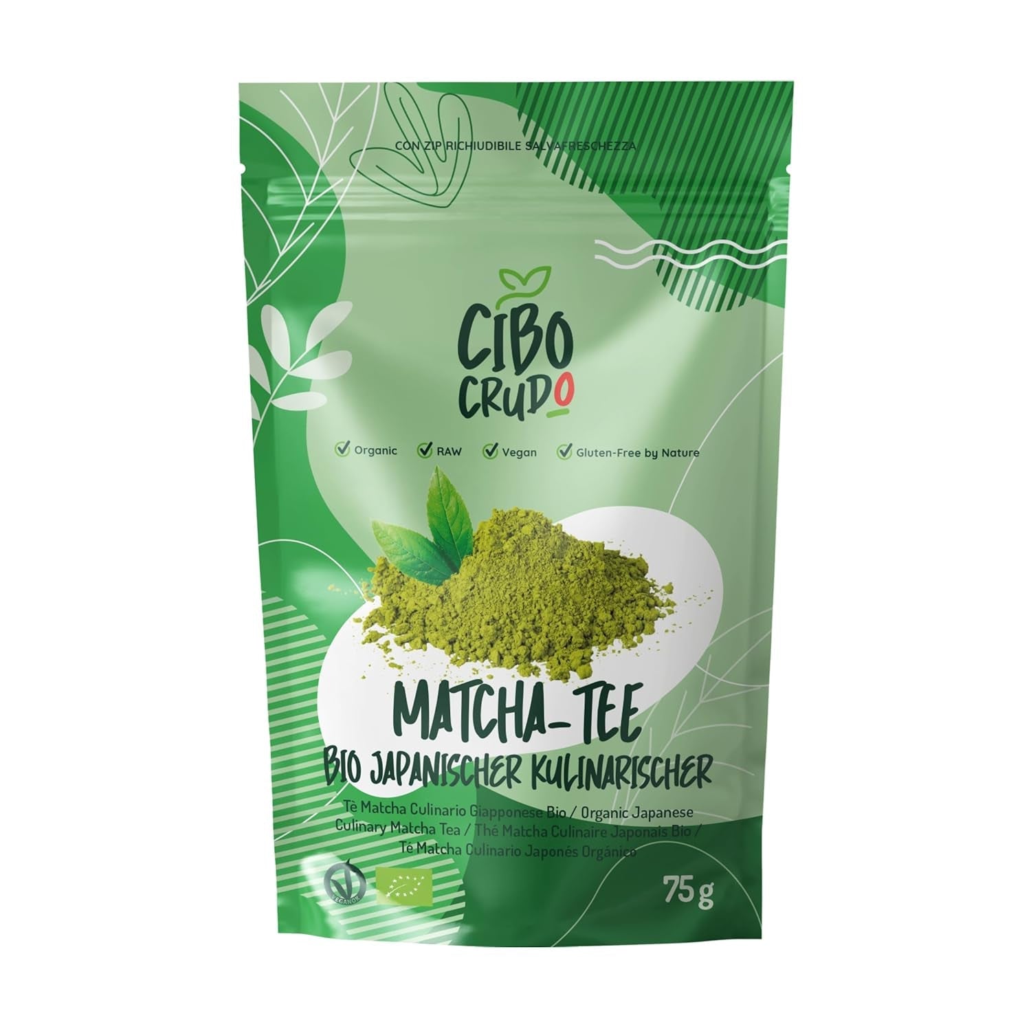 CIBO CRUDO Pudră Matcha Bio 75 g – Ceai verde Matcha japonez pentru prăjituri, înghețată sau deserturi