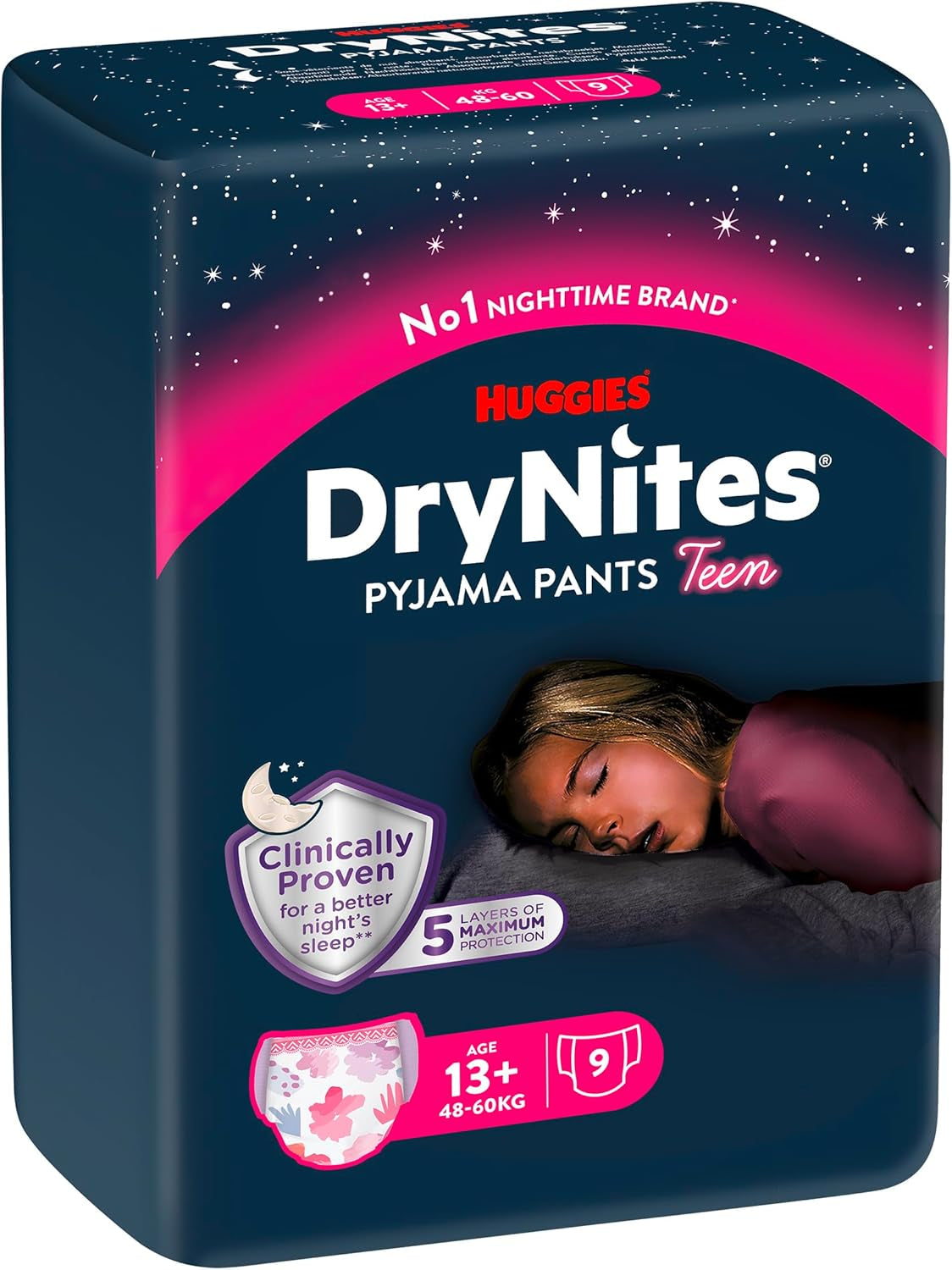 Huggies DryNites Pieluszki do moczenia nocnego dla dziewczynek 13–około 17 lat (48–60 kg) 27 sztuk (3x9) Paczka miesięczna Pieluszki majtkowe