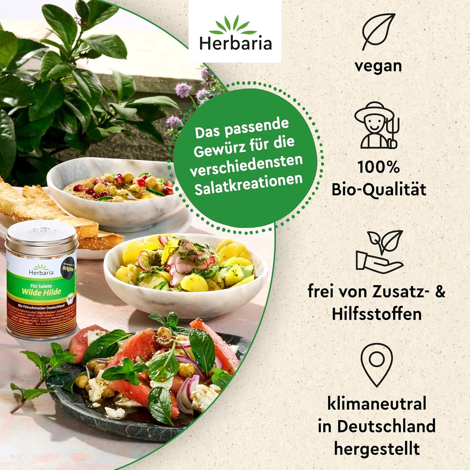 Herbaria Wilde Hilde bio 100g M-Dose-fertige Bio-Gewürzmischung - Saladgewürz für ausgefeilte Salade - mit erlesenen Składnik - w nachhaltiger Aromaschutz-Dose
