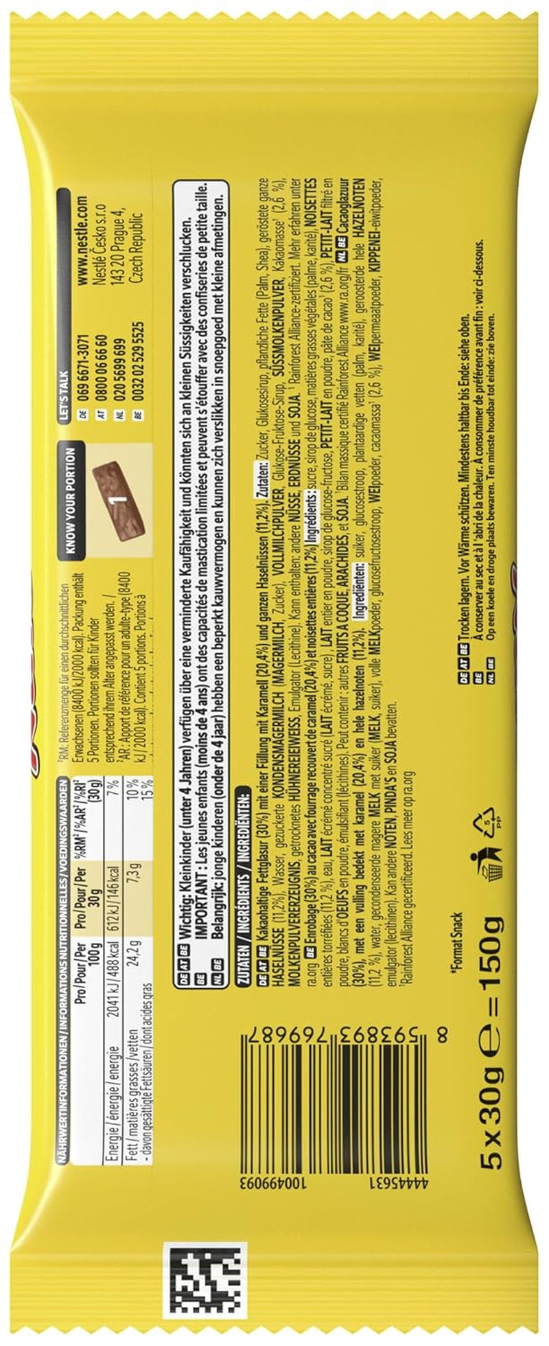 Nestlé NUTS, Batoniki czekoladowe z orzechami laskowymi z nadzieniem karmelowym, całymi orzechami laskowymi i pysznym kremem cukierkowym, oblane mleczną czekoladą, 1 opakowanie (5 x 30g)
