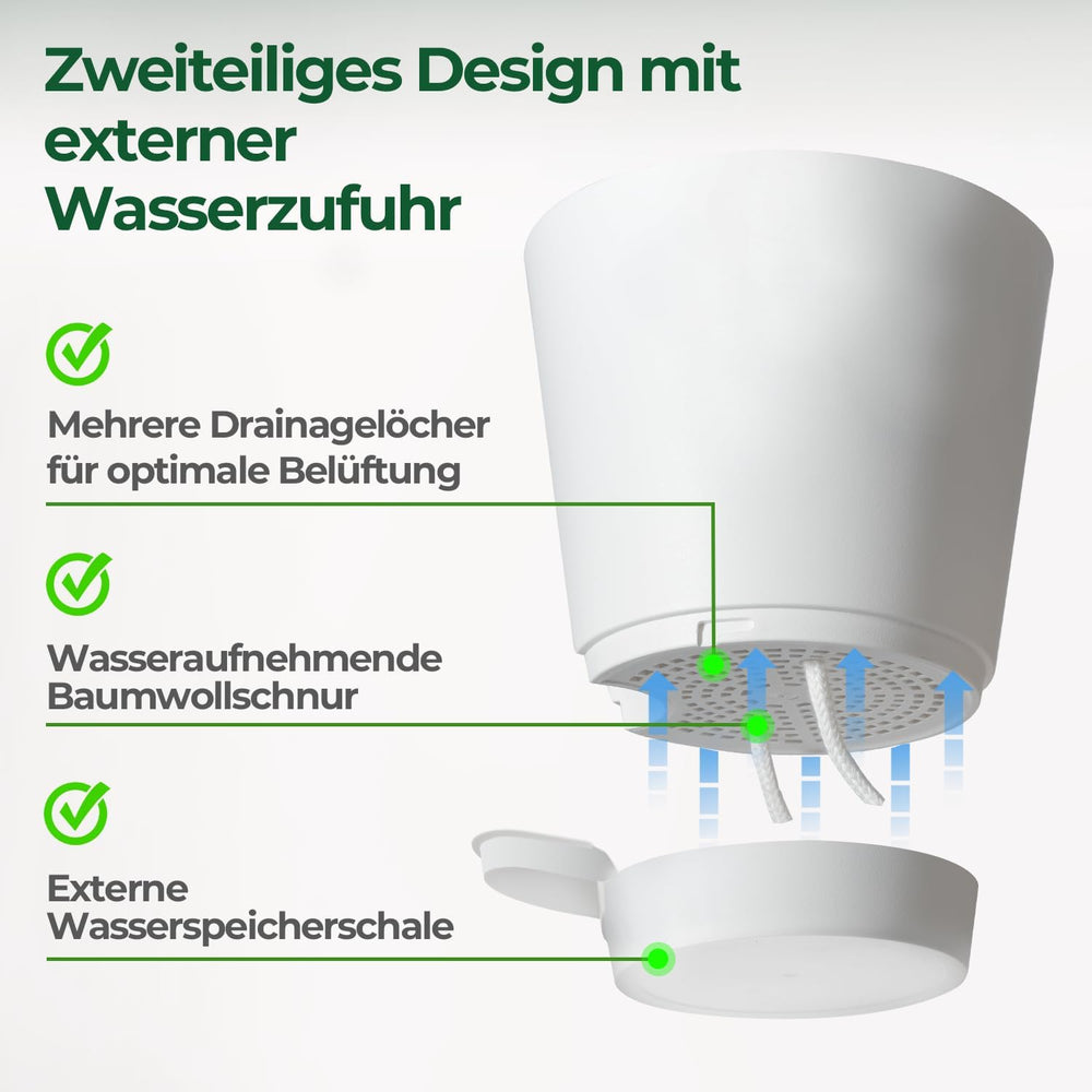 T4U 14cm Plastikowe doniczki z systemem podlewania, zestaw 6 samonawadniających się doniczek i spodków, okrągłe doniczki do roślin ogrodowych na balkonach, sukulentów, kaktusów, białe
