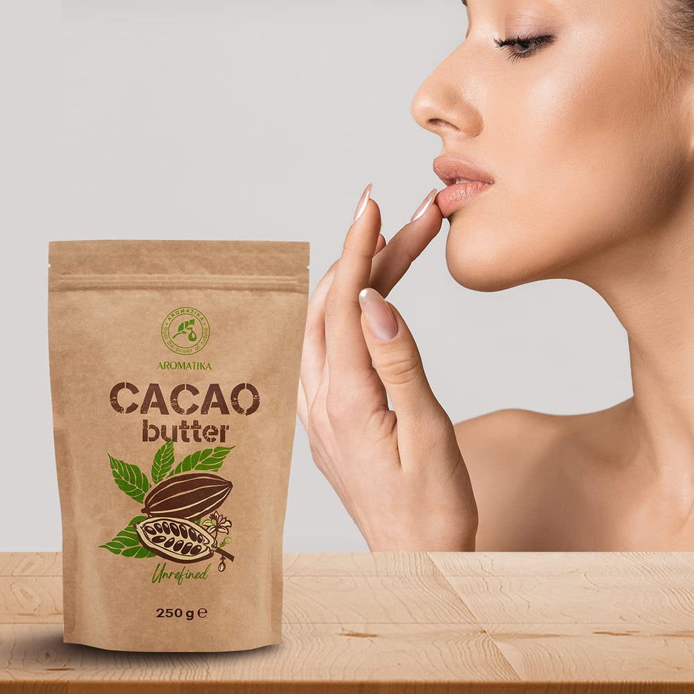 Kakaobutter - 250g - Theobroma Cacao - Surowe masło kakaowe - Masło Kakao w Stücken - Kaltgepresst - Unraffiniert - Rein und Naturlich - für Speisen und Hautpflege - Masło kakaowe
