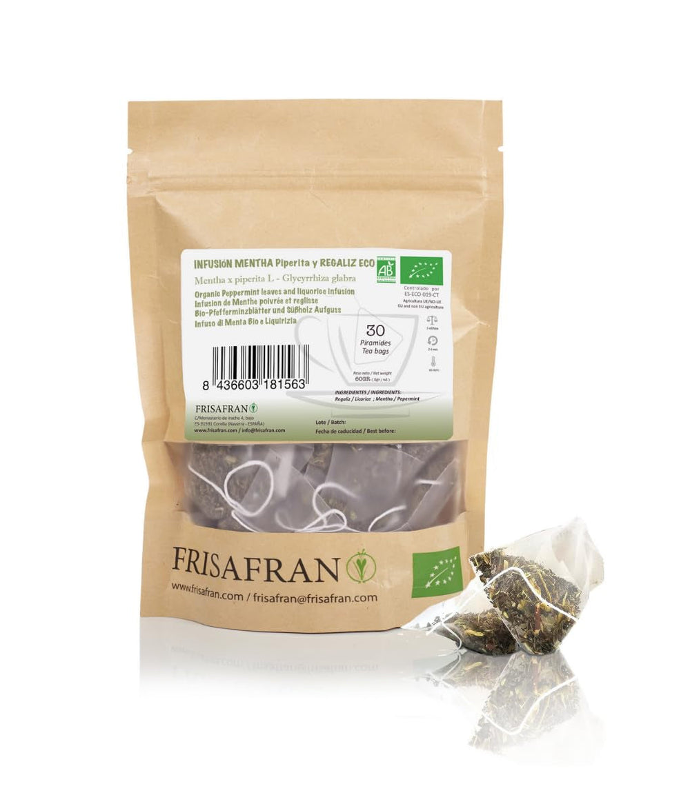 FRISAFRAN | Ceai verde organic Mint Gunpowder în piramide 30 unități | 60G | Antioxidant | Ceai verde japonez | Digestiv | Băutură răcoritoare | Infuzie de mentă | Ceai pur | Frunze de mentă | Cald-rece