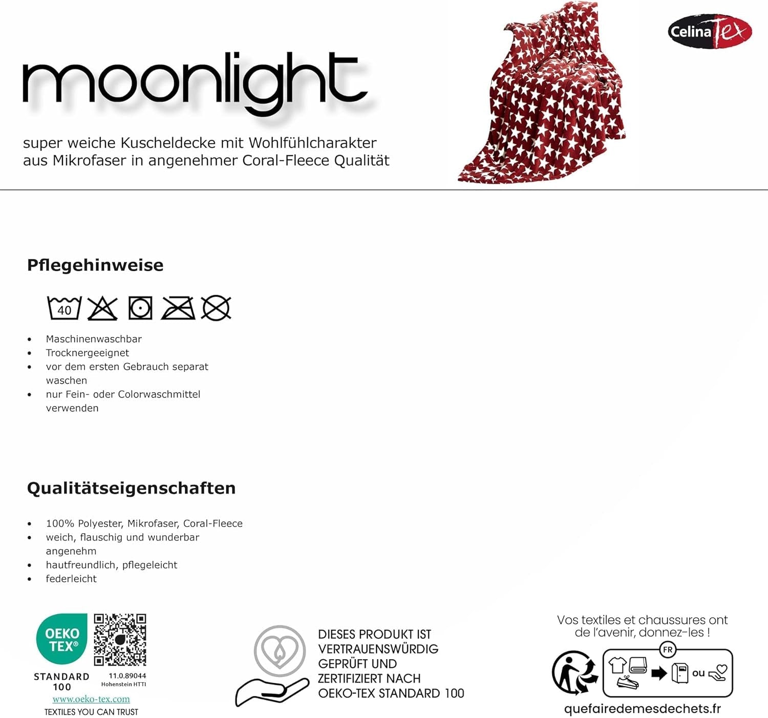 Celinatex puszysty koc 150 x 200 cm Bordeaux koc sofa sofa miękki koc gwiazdki Polar z mikrofibry Oeko-Tex Moonlight Łóżka i narzuty Besuche den CelinaTex-Store