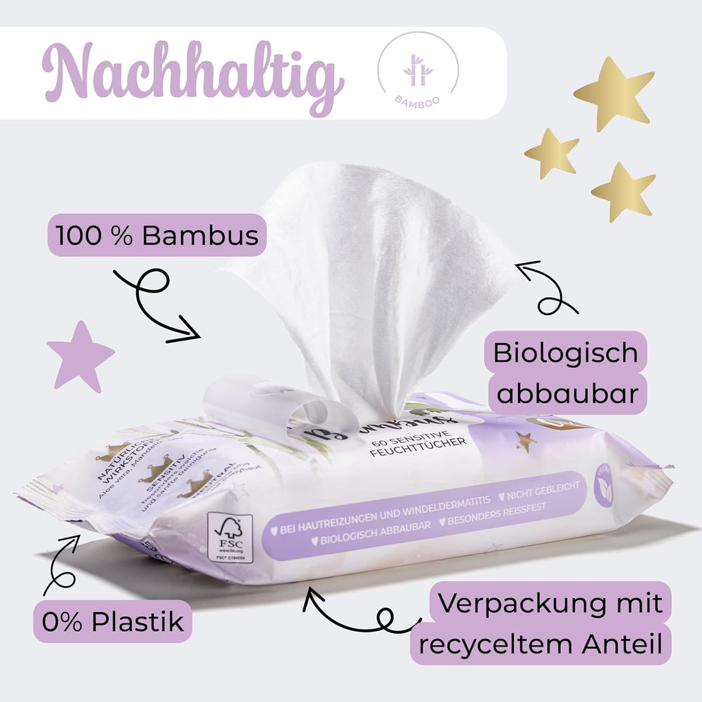 Millis Bamboo Baby Sensitive chusteczki nawilżane do delikatnej skóry dziecka - 5 x 60 sztuk - Naturalne, delikatne i zrównoważone czyszczenie - Biodegradowalne chusteczki dla niemowląt, bez plastiku i alkoholu