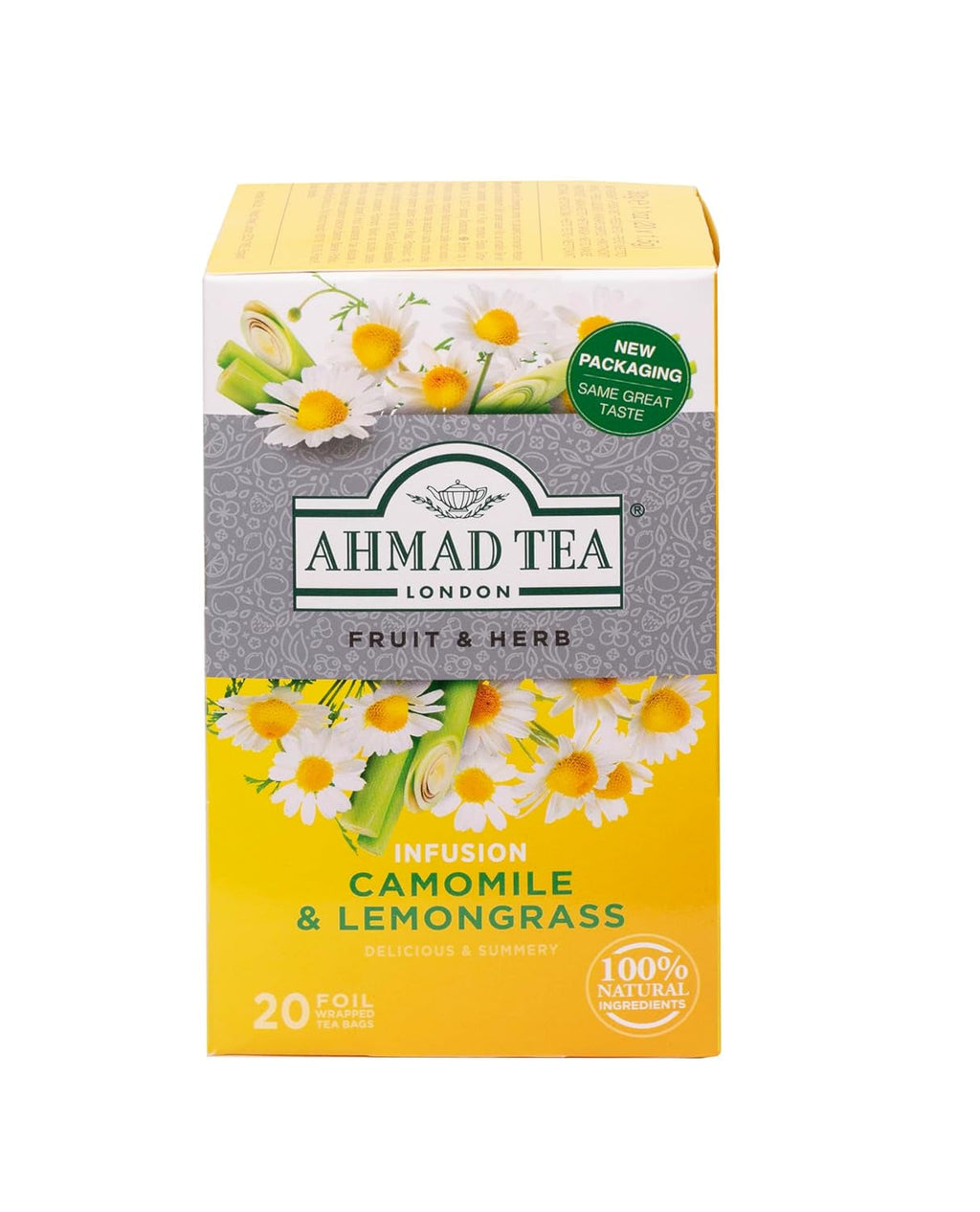 Ahmad Tea - Camomile &amp; Lemongrass - Ceai de fructe și plante fără cofeină - Mușețel și lemongrass - Pliculețe de ceai ambalate individual, sigilate pentru păstrarea aromelor, cu 2 g de ceai per porție - 20 pliculețe de ceai cu bandă