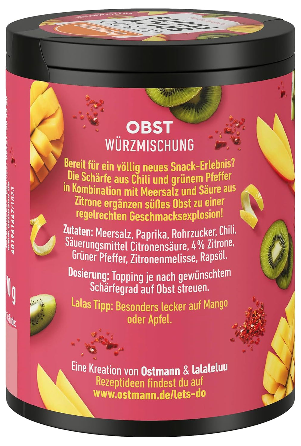Ostmann Gewürze - Zróbmy pikantne owoce | Würzmischung für süßes Obst stworzony przez Lalaleluu | scharfes Obst-Topping z Chili i Pfeffer, Lecker auf Apfel lub Mango | 70 g w koszu Metalldose
