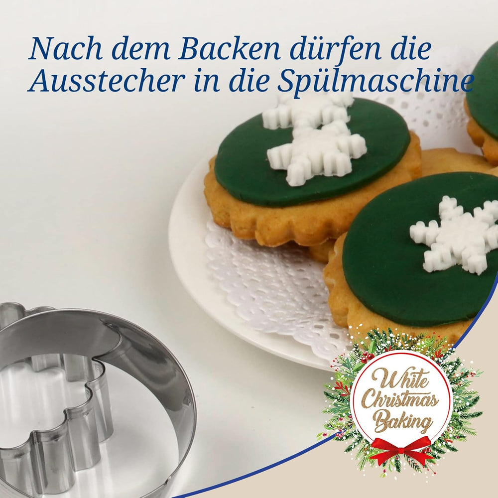 Dr. Oetker Forme de biscuiți rotunde și ondulate, set de 2 piese – Forme de biscuiți, model alb de Crăciun – Forme de biscuiți din oțel inoxidabil pentru Crăciun