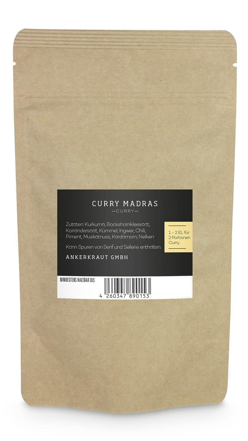 Ankerkraut Curry Madras, frisch-fruchtiges Curry-Pulver passend zu Fleisch, Fisch & Gemüse, mit Chili, leicht scharf, 130g w Aromadichten Beutel